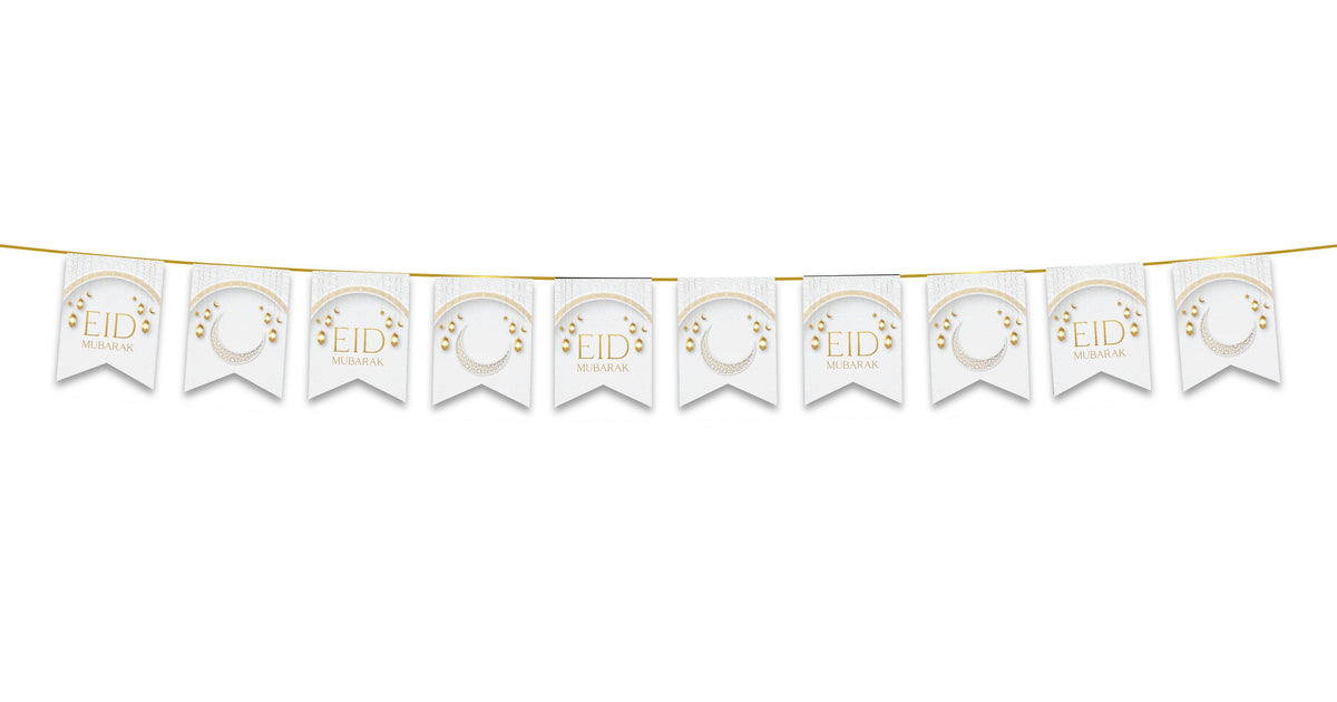 Happy Eid Mubarak Bunting Party Flags – Blue, White & Gold Watercolor Paper Decoration