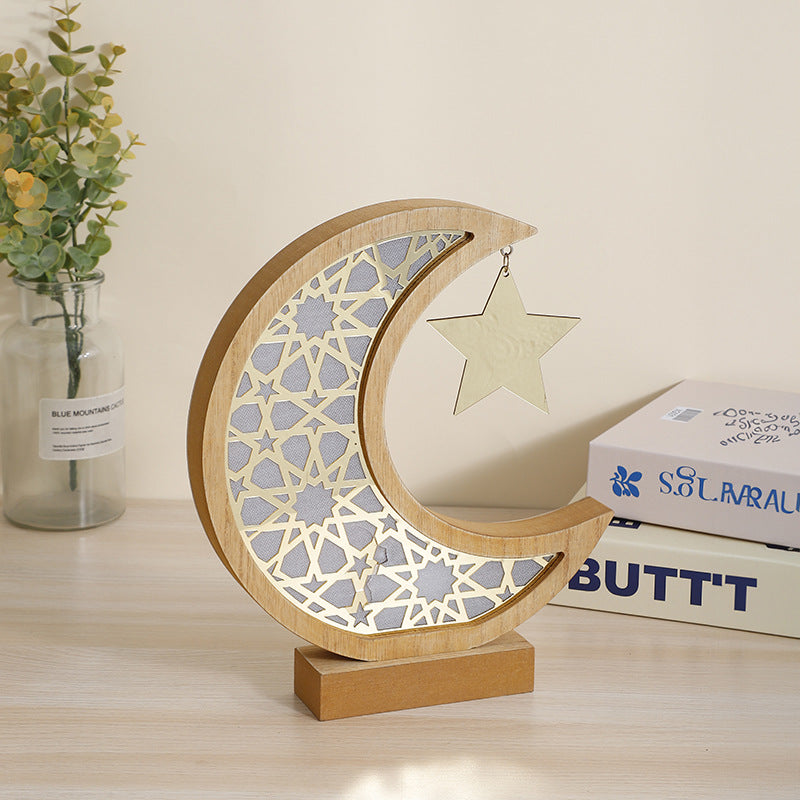 Islamic Wooden Crescent Star Ornament - Natural Wood