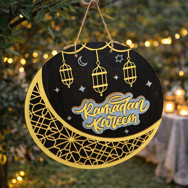Ramadan Mubarak Crescent Moon & Lantern Wooden Plaque -  Dark Blue & Gold