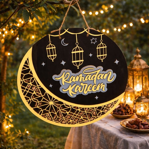 Ramadan Mubarak Crescent Moon & Lantern Wooden Plaque -  Dark Blue & Gold