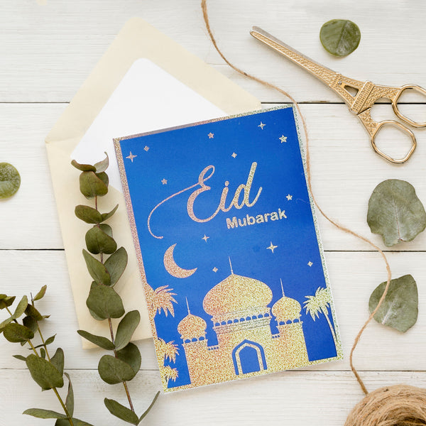 Eid Blue and Silver Eid Greeting Cards with White Envelopes