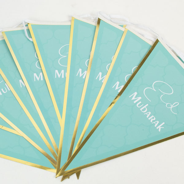 Eid Mubarak Green & Gold Triangle Banner – Double-Sided Foil Party Flags (20x30cm, 12 Flags/Set)