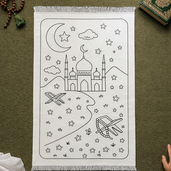 Colour Your Own Prayer Mat – Islamic Creative Activity for Kids - Moon / Star Mosque Edition (Pens included)