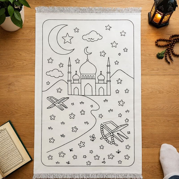 Colour Your Own Prayer Mat – Islamic Creative Activity for Kids - Moon / Star Mosque Edition (Pens included)
