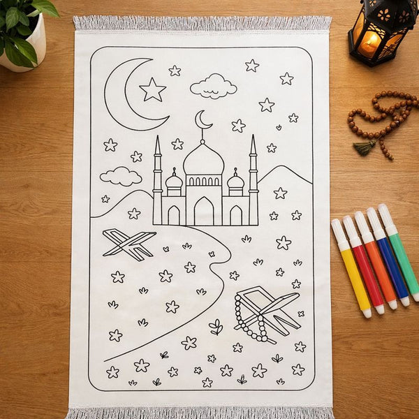 Colour Your Own Prayer Mat – Islamic Creative Activity for Kids - Moon / Star Mosque Edition (Pens included)