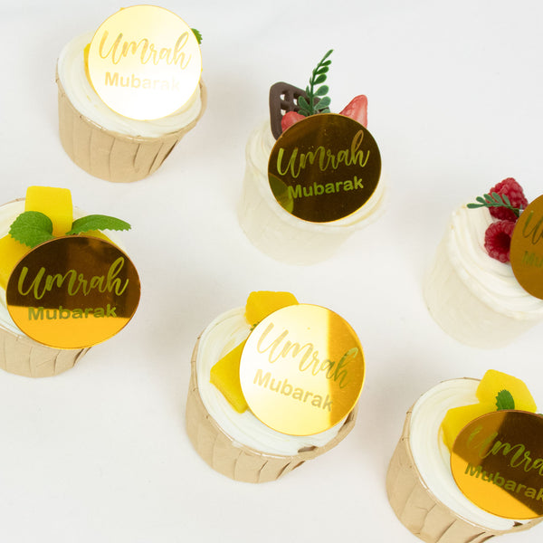 Umrah Mubarak Acrylic Cupcake Toppers – Gold Finish