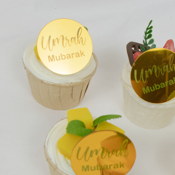Umrah Mubarak Acrylic Cupcake Toppers – Gold Finish