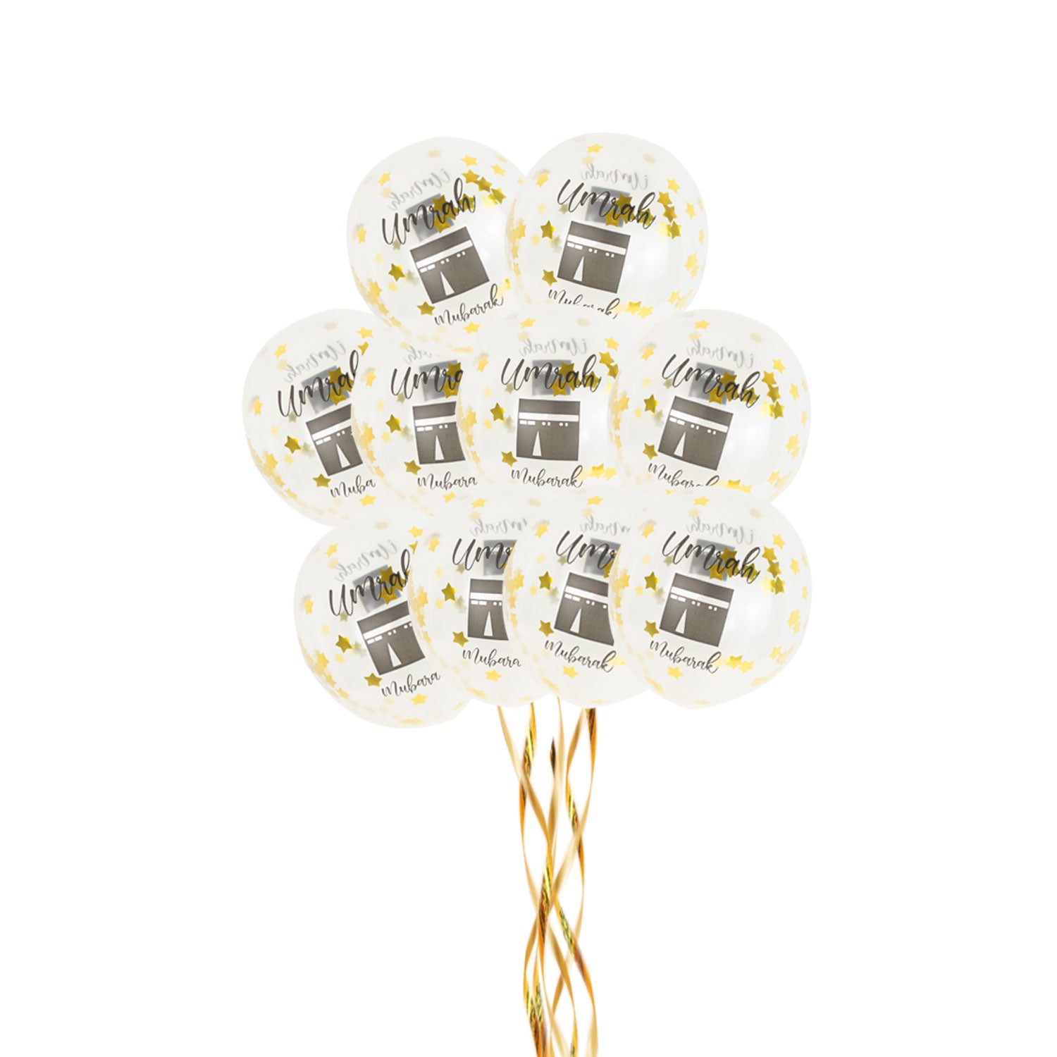 Umrah Mubarak Gold Star Confetti Balloons – 12” Transparent Balloons with Ribbon