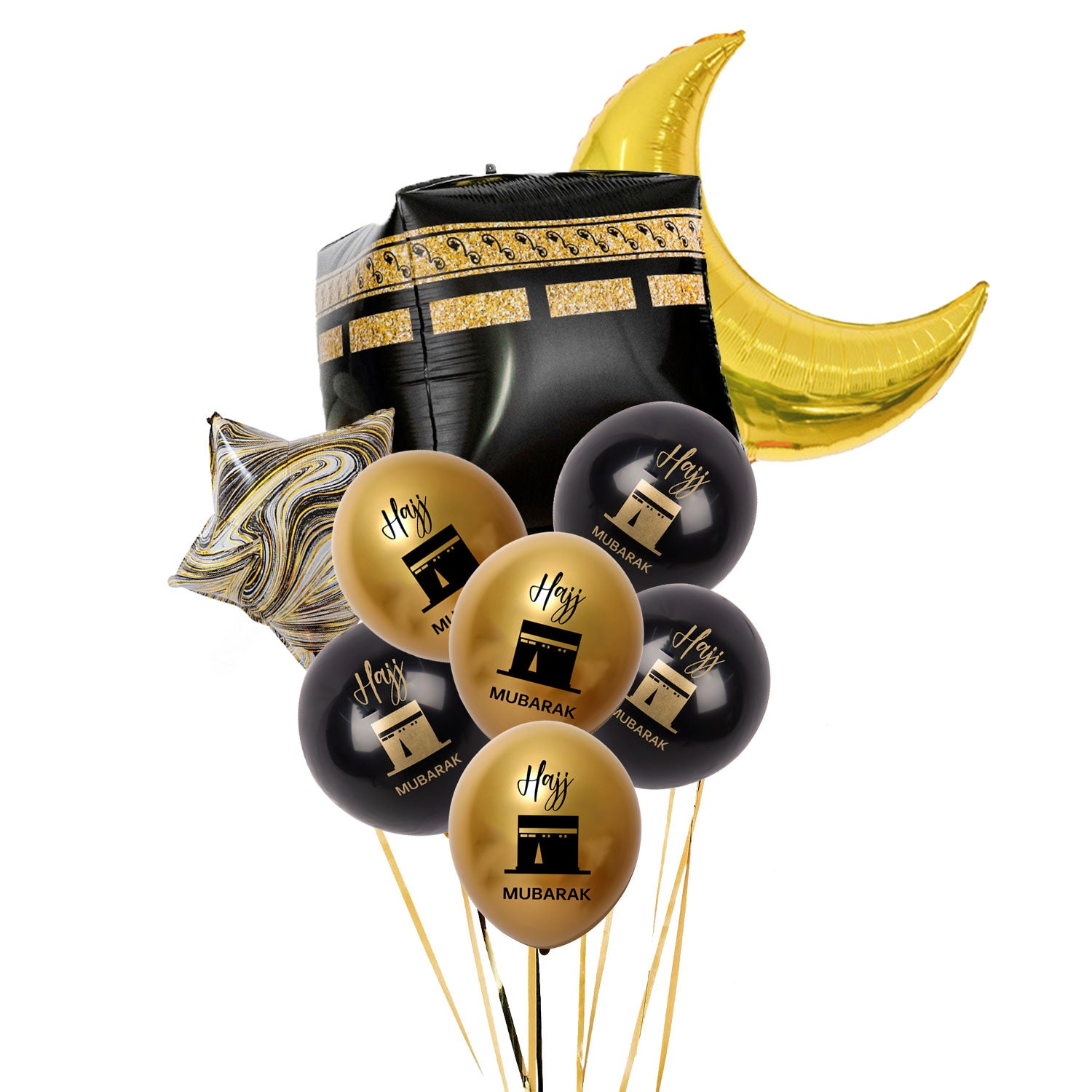 Hajj Mubarak 4D Kaaba Balloon Kit – 9pcs Celebration Set with Crescent Moon, Stars & Latex Balloons