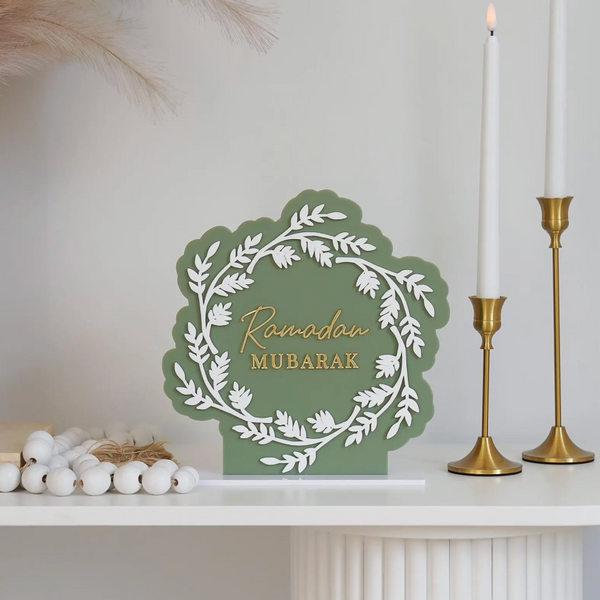Ramadan Mubarak Geometric Acrylic Plaque Floral Leaves 22cm - Sage Green & Gold
