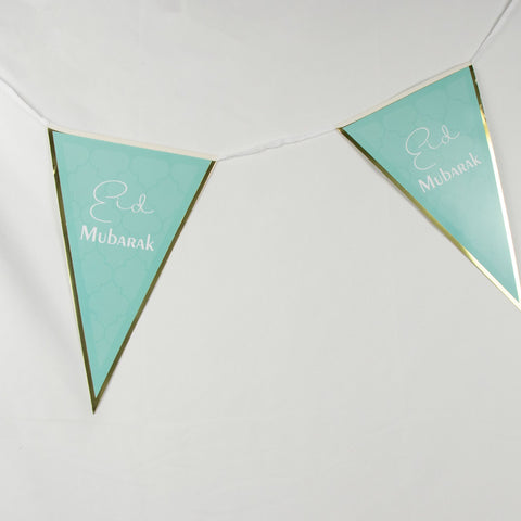 Eid Mubarak Green & Gold Triangle Banner – Double-Sided Foil Party Flags (20x30cm, 12 Flags/Set)