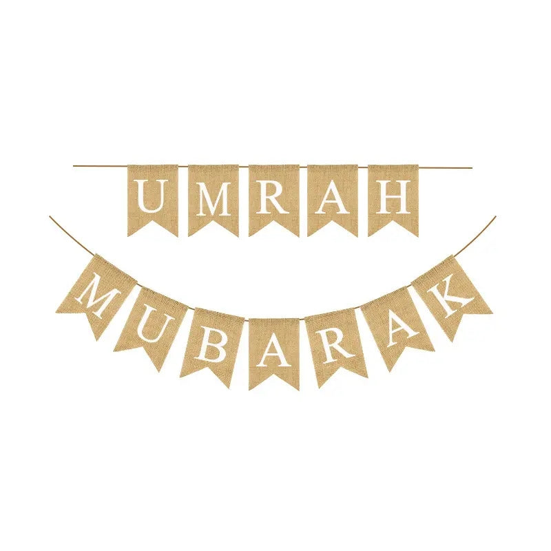 Umrah Mubarak Burlap Bunting Banner – Rustic Fabric Flag Garland