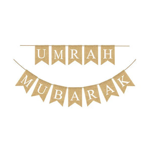 Umrah Mubarak Burlap Bunting Banner – Rustic Fabric Flag Garland
