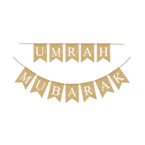 Umrah Mubarak Burlap Bunting Banner – Rustic Fabric Flag Garland