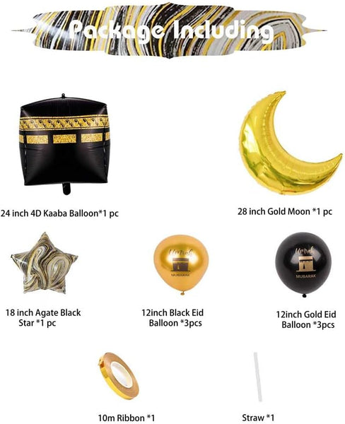 Umrah Mubarak 4D Kaaba Balloon Kit – 9pcs Celebration Set with Moon, Stars & Latex Balloons