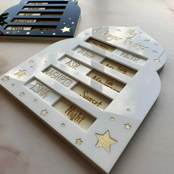 My Salah Prayer Tracker – Wooden Islamic Arch Daily Prayer Tracker (White)