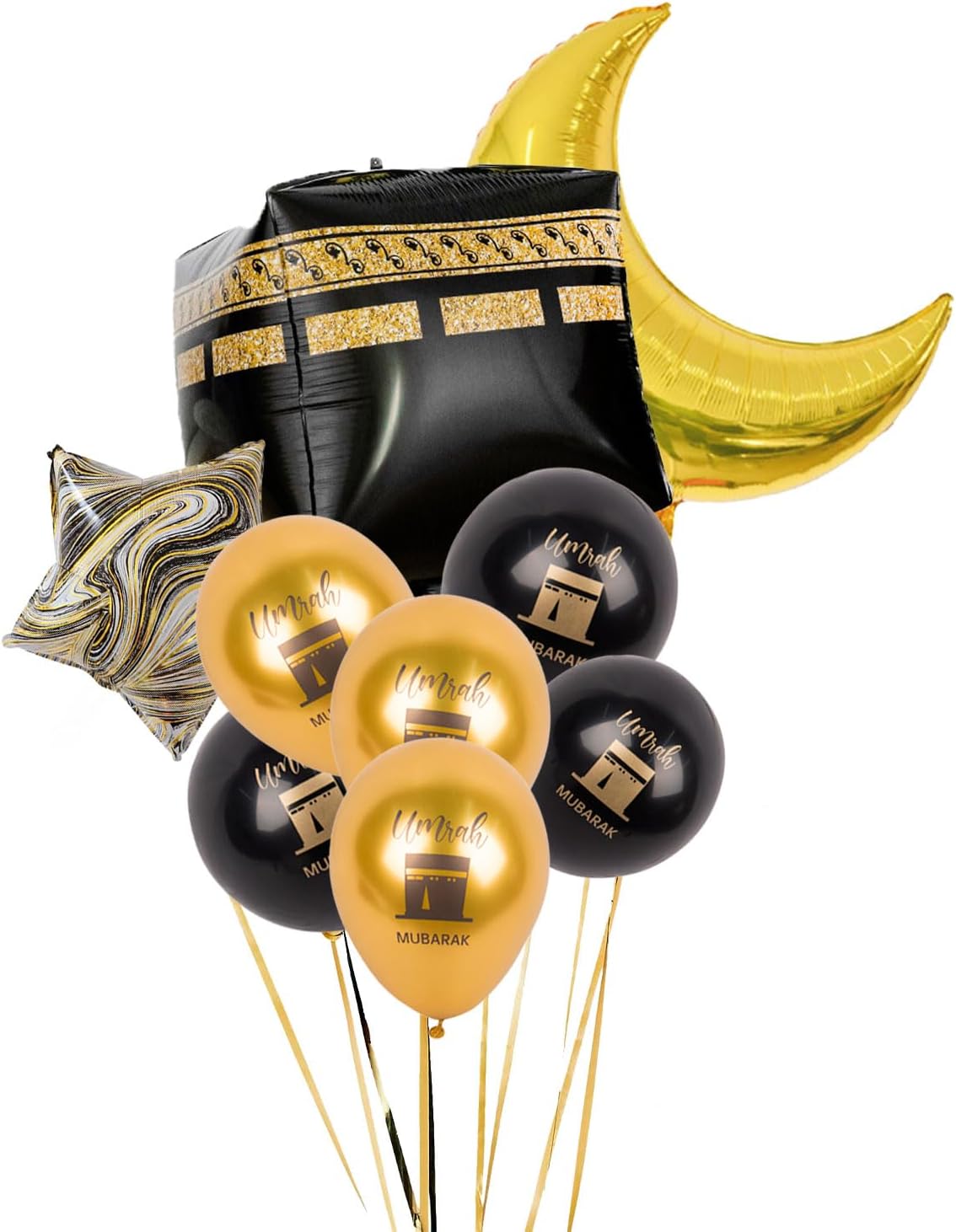 Umrah Mubarak 4D Kaaba Balloon Kit – 9pcs Celebration Set with Moon, Stars & Latex Balloons