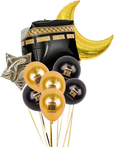Umrah Mubarak 4D Kaaba Balloon Kit – 9pcs Celebration Set with Moon, Stars & Latex Balloons