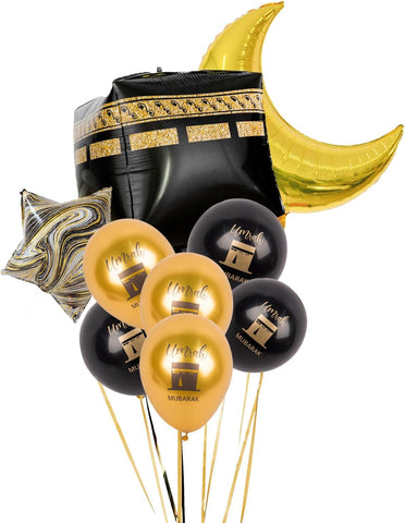 Umrah Mubarak 4D Kaaba Balloon Kit – 9pcs Celebration Set with Moon, Stars & Latex Balloons