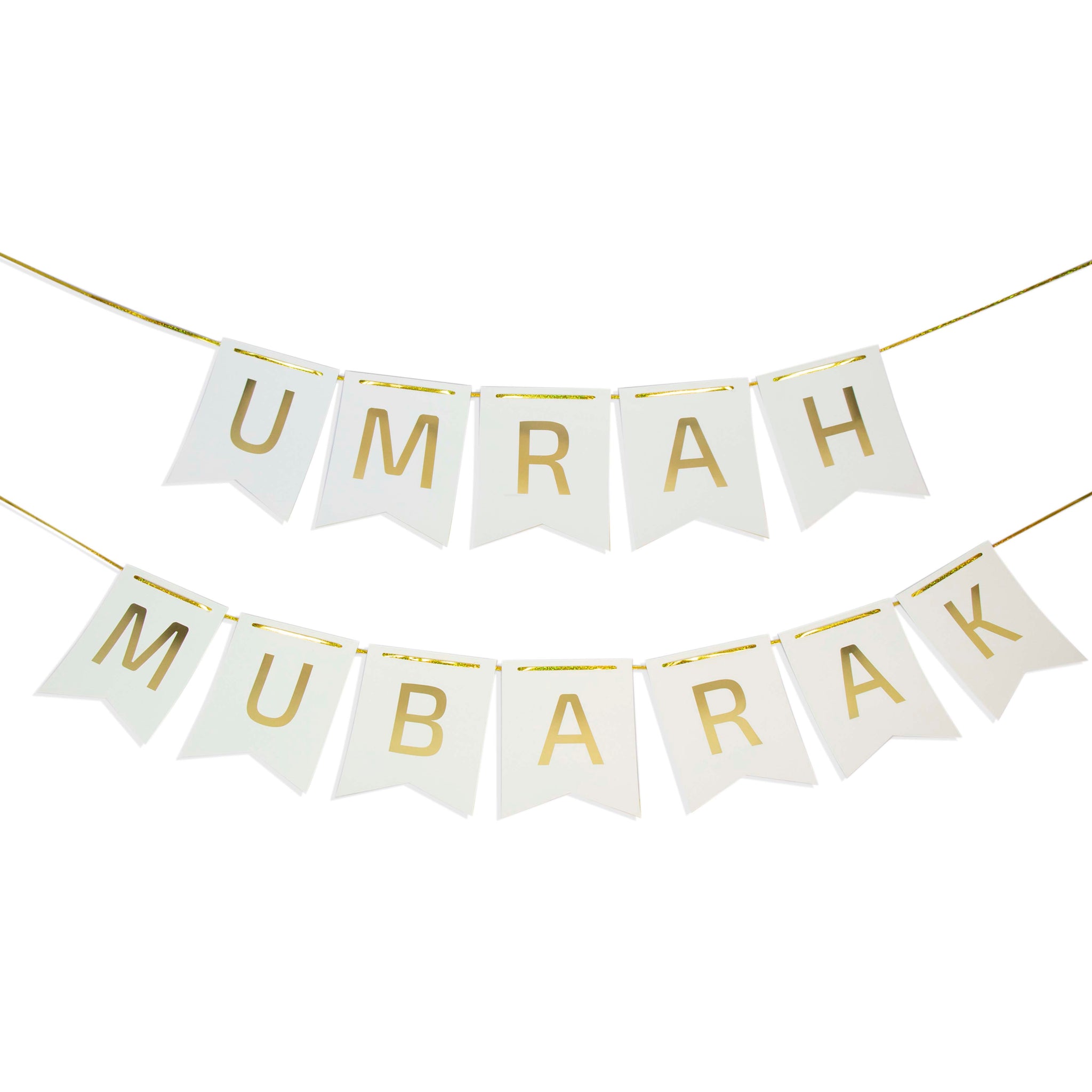 White & Gold Umrah Mubarak Banner – Elegant Double String Design