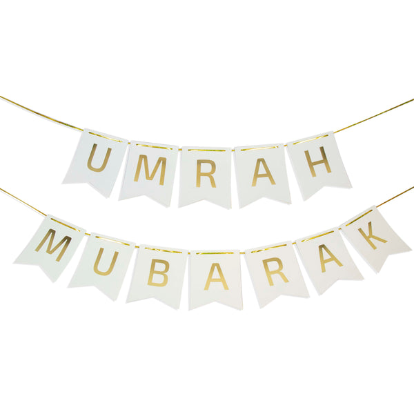 White & Gold Umrah Mubarak Banner – Elegant Double String Design