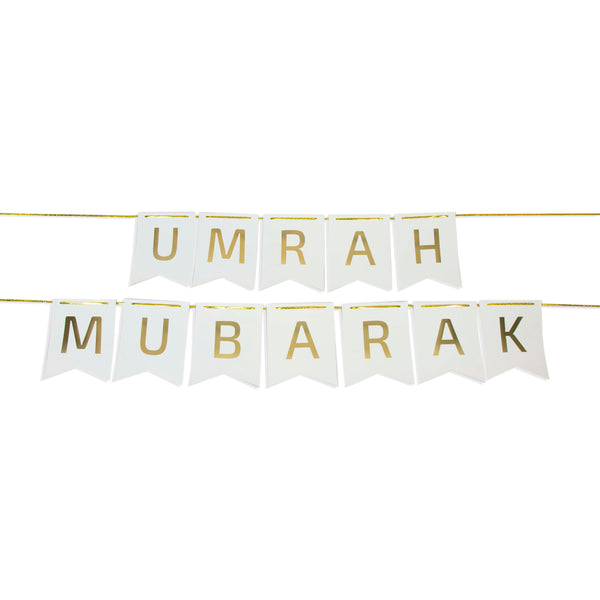 White & Gold Umrah Mubarak Banner – Elegant Double String Design