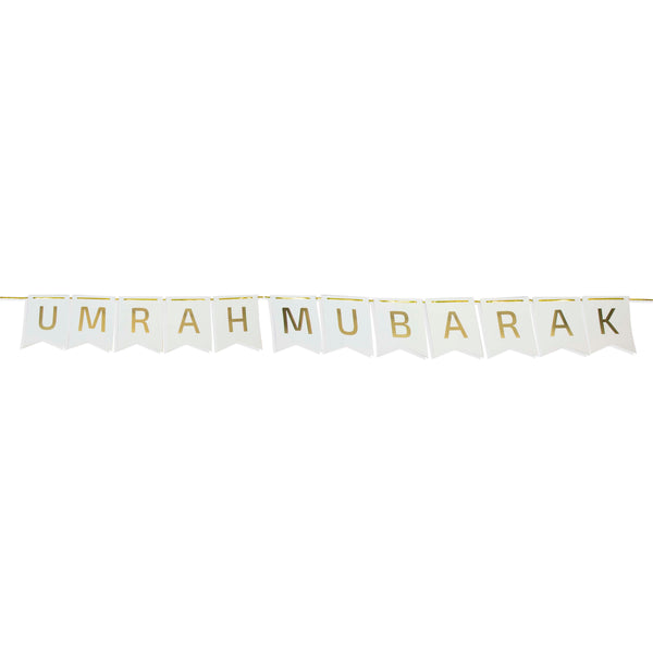 White & Gold Umrah Mubarak Banner – Elegant Double String Design