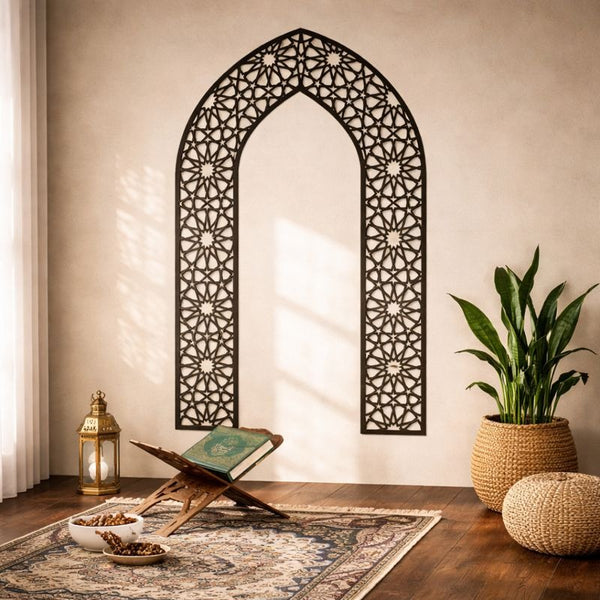 Islamic Mihrab Geometric Wall Art – Large Wooden & Acrylic Prayer Décor - Black