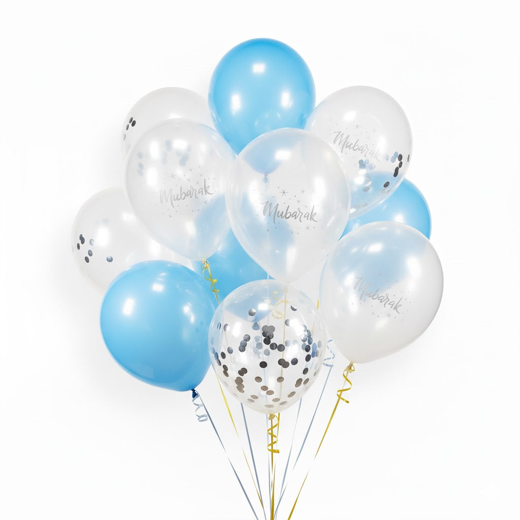 10pc Blue & White Mubarak Latex Balloons with Confetti - Baby Boy Islamic Wedding Nikkah Decor