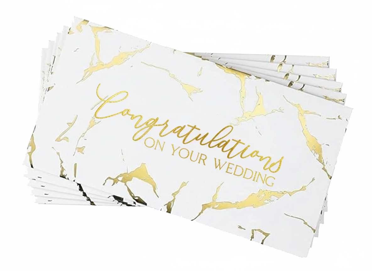 Congratulations on Your Wedding Money Envelopes Wallets – 5 Pack | Metallic White & Gold Marble | 300gsm Foiled Gift Cash Holders
