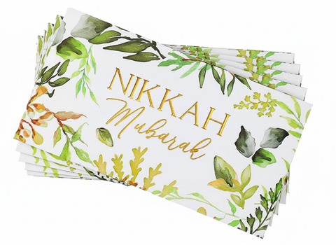Nikkah Mubarak Money Envelopes Wallets – 5 Pack | Green & Gold Foiled Leaves | Islamic Wedding Gift Envelopes