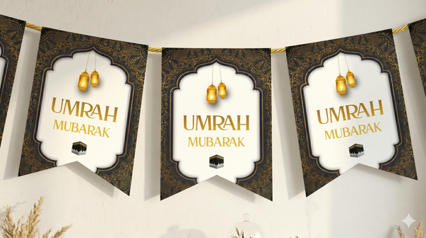 Umrah Mubarak Bunting - Black & Gold Hanging Lanterns