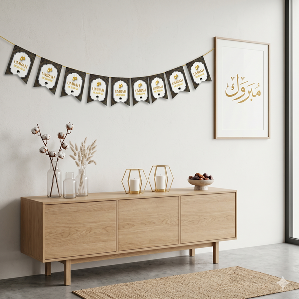 Umrah Mubarak Bunting - Black & Gold Hanging Lanterns
