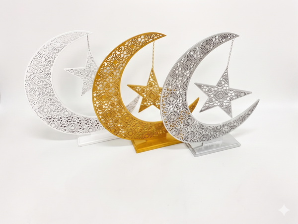Islamic Moon & Star Wooden Geometric Table Decor with Base – Ramadan Eid Statement Piece