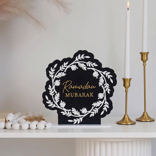 Ramadan Mubarak Geometric Acrylic Plaque Floral Leaves 22cm - Black & Gold