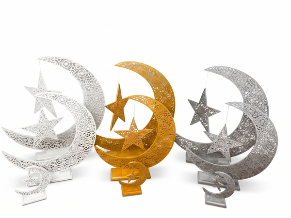 Islamic Moon & Star Wooden Geometric Table Decor with Base – Ramadan Eid Statement Piece