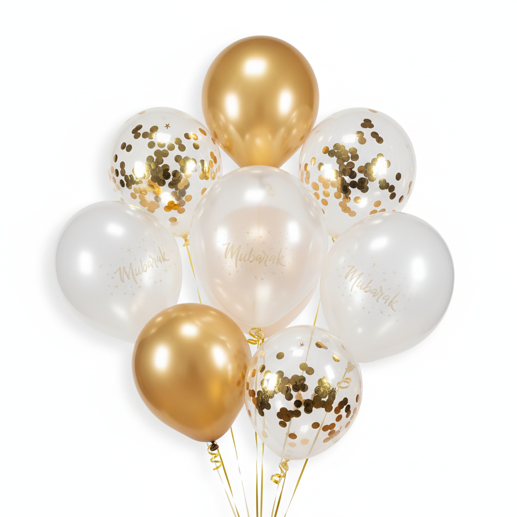 10pc Metallic Gold Mubarak Latex Balloons with Confetti - Islamic Party Decor New Baby Wedding Congratulations