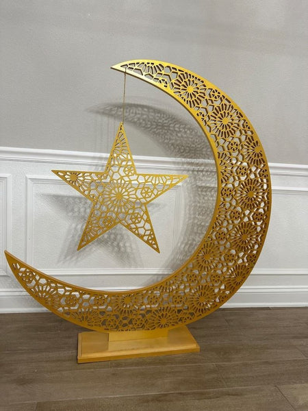 Islamic Moon & Star Wooden Geometric Table Decor with Base – Ramadan Eid Statement Piece