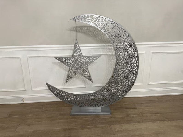 Islamic Moon & Star Wooden Geometric Table Decor with Base – Ramadan Eid Statement Piece