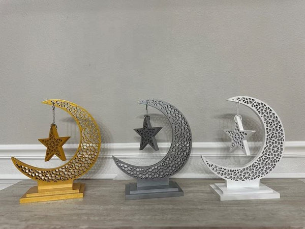 Islamic Moon & Star Wooden Geometric Table Decor with Base – Ramadan Eid Statement Piece