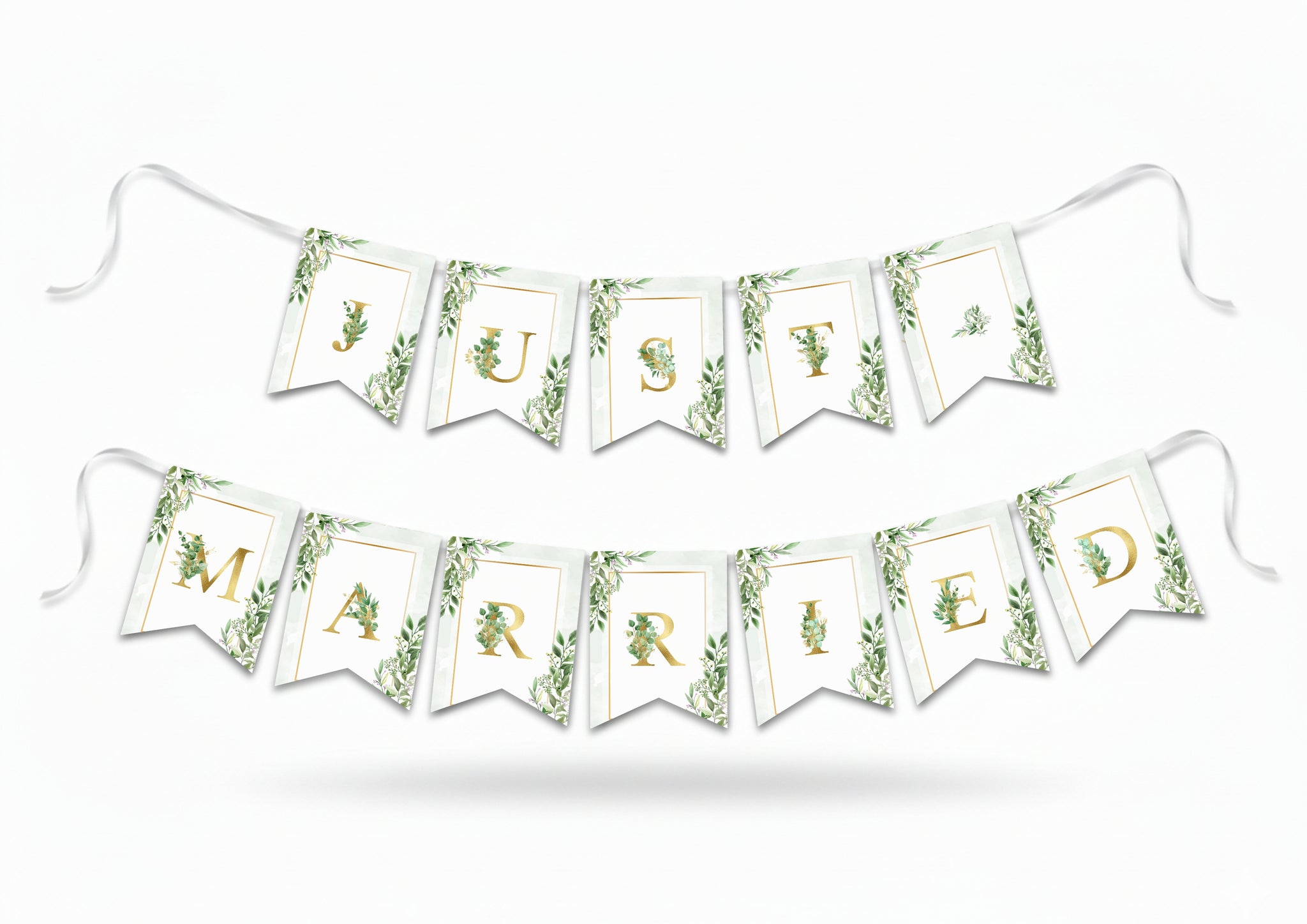 Just Married Bunting – Green & Gold Floral Wedding Decoration | Premium 250gsm Double-Sided Bunting Banner Flags with Hanging Ribbon