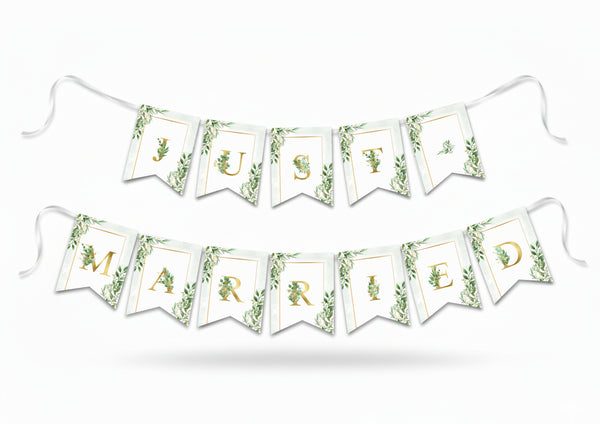 Just Married Bunting – Green & Gold Floral Wedding Decoration | Premium 250gsm Double-Sided Bunting Banner Flags with Hanging Ribbon