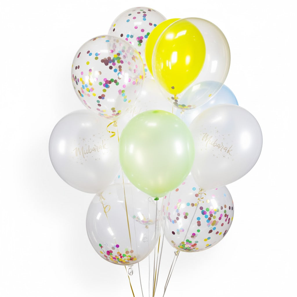 10pc Multicolour Rainbow - Mubarak Latex Balloons with Confetti - Islamic Party Decor New Baby Wedding Congratulations