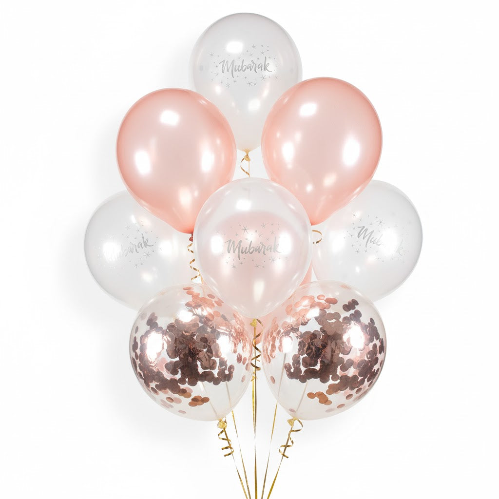 10pc Pink & Rose Gold Mubarak Latex Balloons with Confetti - Baby Girl Islamic Wedding Nikkah Decor