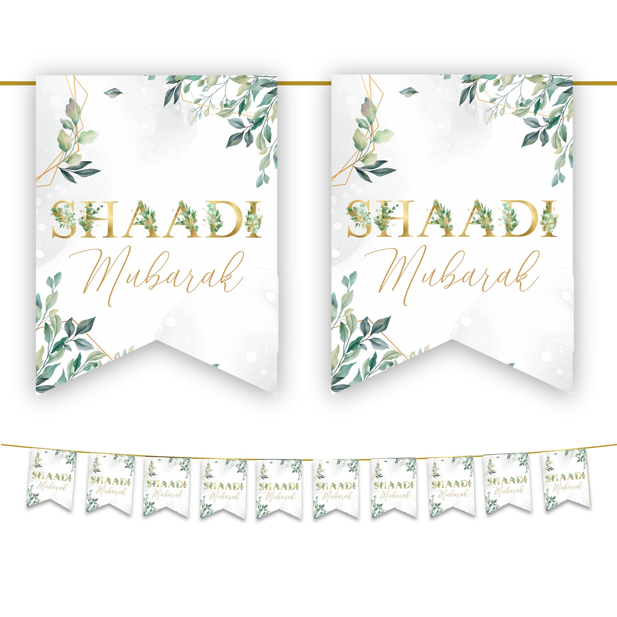 Shaadi Mubarak Bunting – Elegant Green & Gold Leaves Wedding Decoration | Double-Sided 250gsm Paper Bunting Banner Flags with Hanging Ribbon