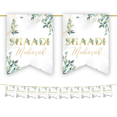 Shaadi Mubarak Bunting – Elegant Green & Gold Leaves Wedding Decoration | Double-Sided 250gsm Paper Bunting Banner Flags with Hanging Ribbon