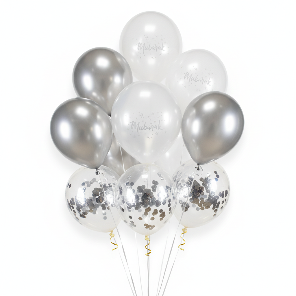 10pc Metallic Silver Mubarak Latex Balloons with Confetti - Islamic Party Decor New Baby Wedding Congratulations
