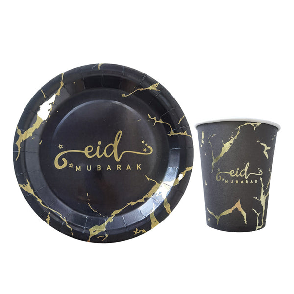 Eid Mubarak Plate and Cup Set - Black & Gold Marble