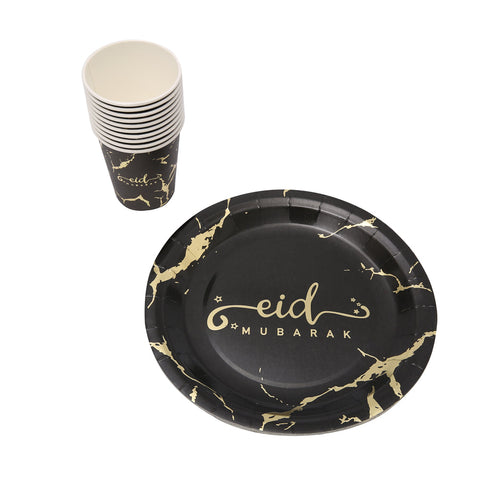 Eid Mubarak Plate and Cup Set - Black & Gold Marble