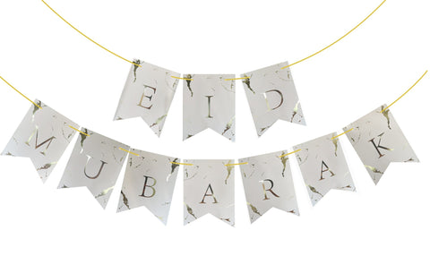 Eid Mubarak Bunting - White & Gold Marble Foil Letter Flags Decoration
